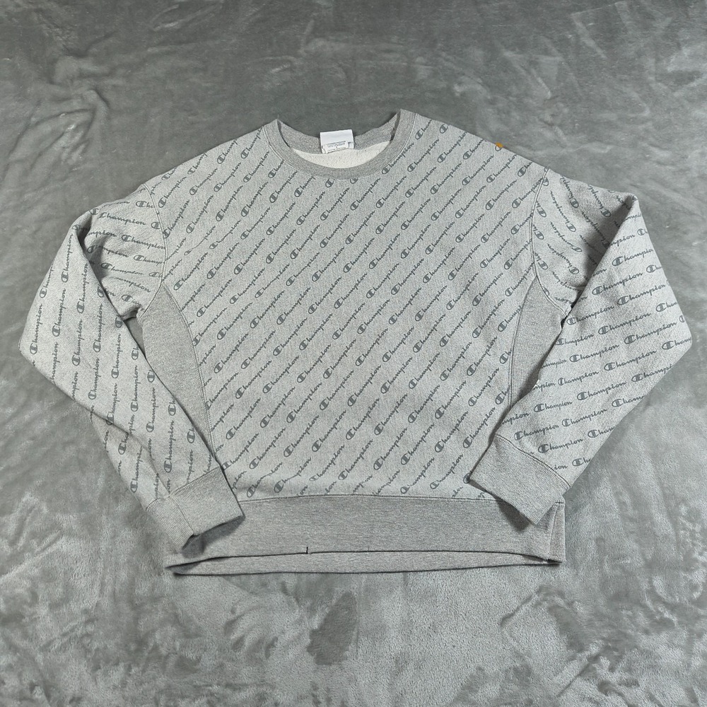 Champion Reverse Weave Sweatshirt Mens Large Gray All Over Print Logo Pullover